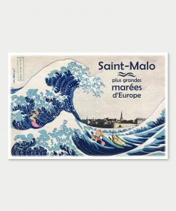 Affiche Saint-Malo - Plus grandes marées d'Europe, pastiche de l'estampe La grande vague de Kanagawa du peintre japonais Hokusai